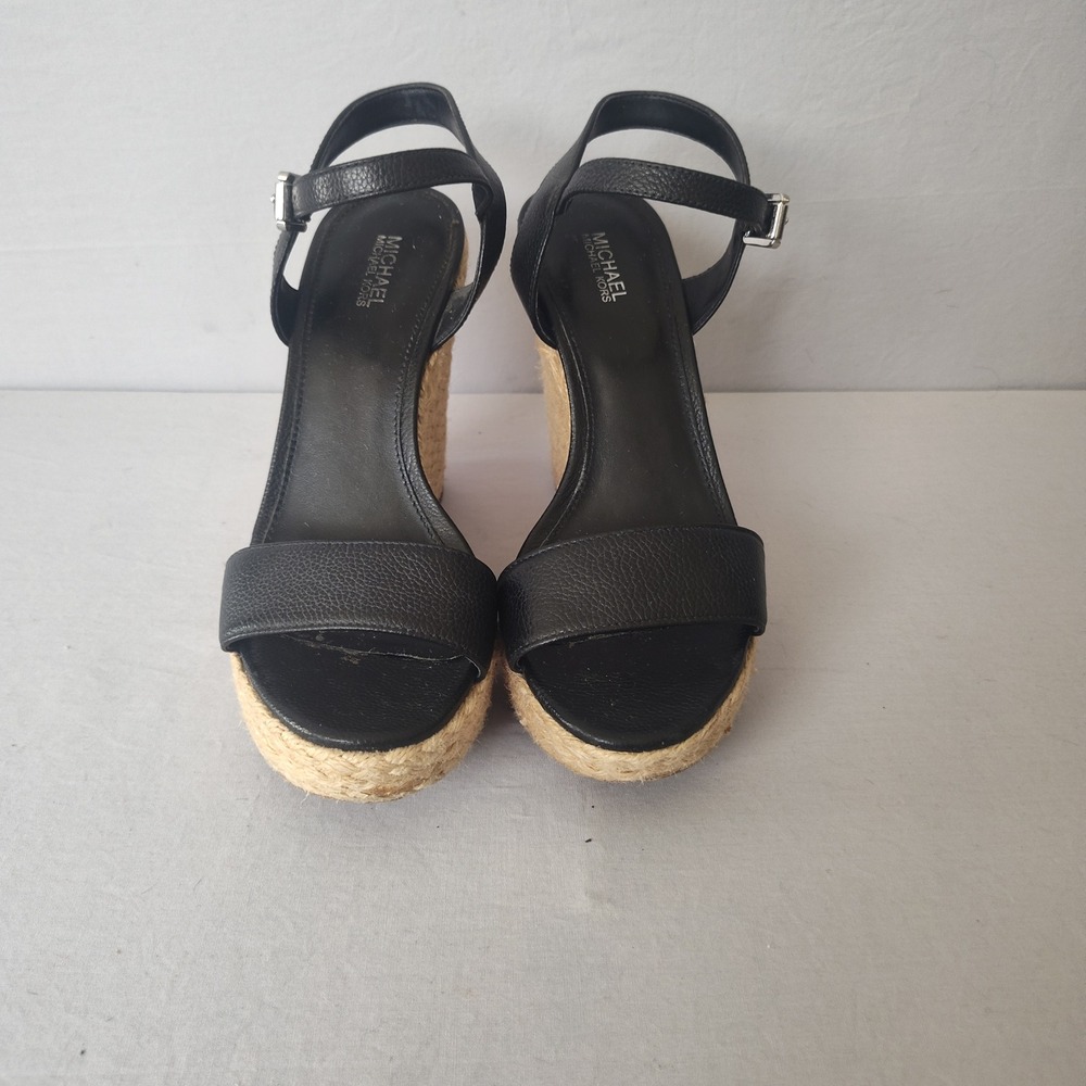 Michael Kors Black Leather Espadrille Wedge Sandals Platform Ankle‎ Strap 7M